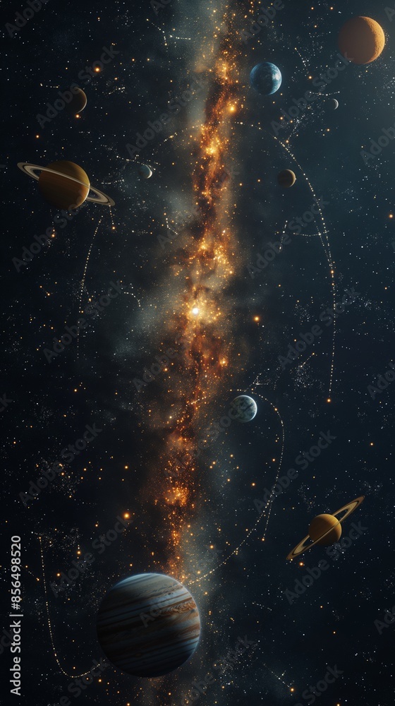 Fototapeta premium An illustration of a solar system with planets and stars. 
