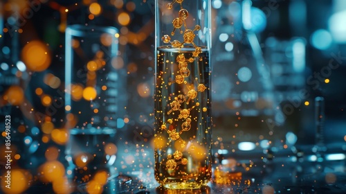 A glass beaker filled with a yellow liquid is surrounded by a blurry background