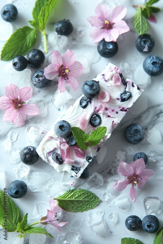 Summery Blueberry Dessert with Mint and Flowers