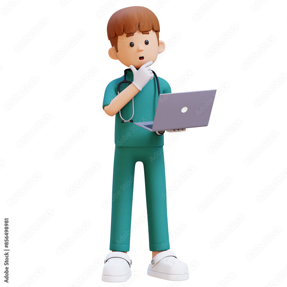 3D Doctor Character Thinking While Working on a Laptop. Suitable for Medical content