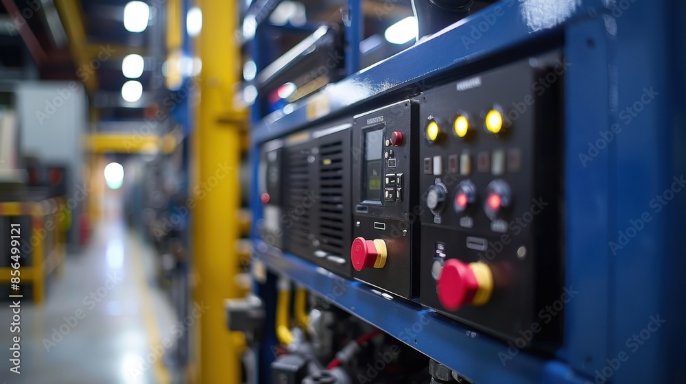 A blue machine with red buttons and a yellow pole A blue machine with red buttons and a yellow pole