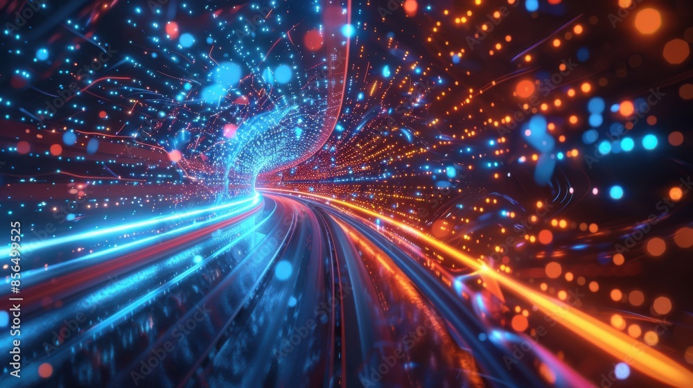 A colorful, swirling tunnel with bright blue, orange, and red lights