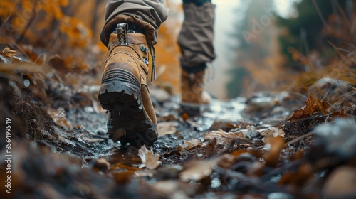 A person is walking through a muddy trail in the woods