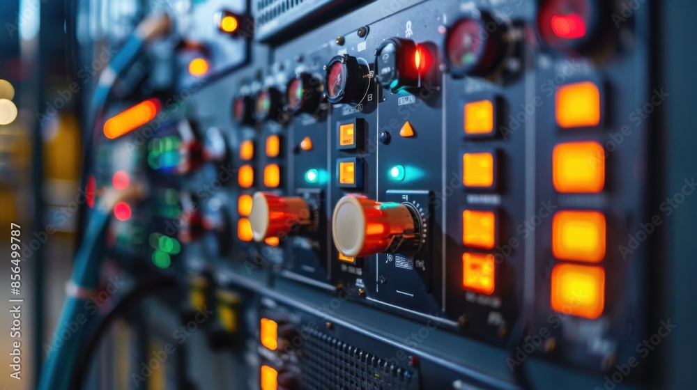 A row of electronic equipment with a lot of buttons and lights A row of electronic equipment with a lot of buttons and lights
