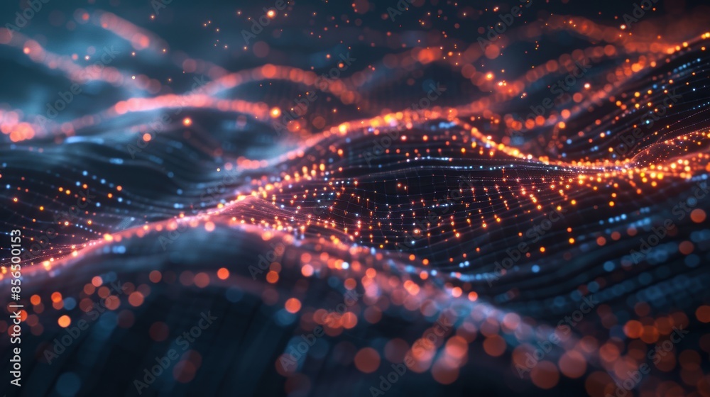 Abstract digital waves with glowing red and blue particles, creating a ...