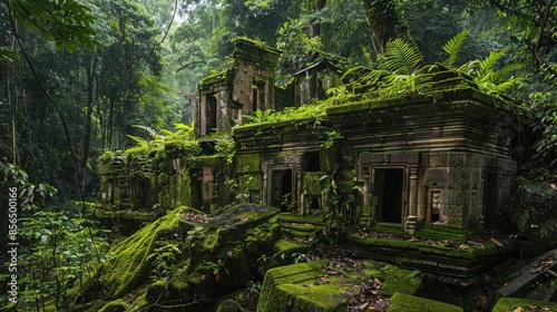 Ancient lost city ruins covered with jungle vegetation photo