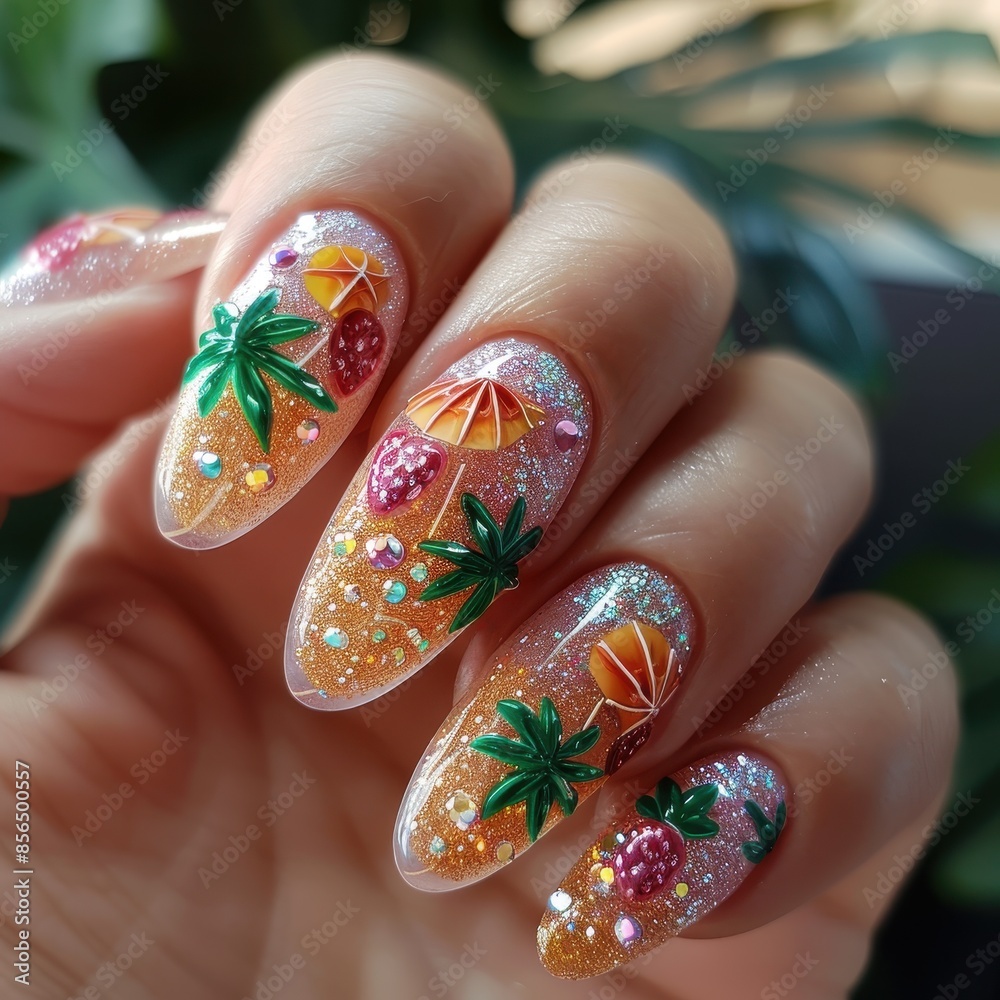 Summer Nail Art with Palm Trees and Umbrellas Summer Nail Art with Palm Trees and Umbrellas