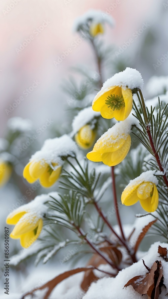 Fototapeta premium aesthetic image of winter with winter aconite in paste background