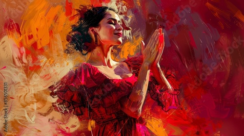 Spanish flamenco dancer clapping hands, intense and passionate, digital oil painting, cultural dance