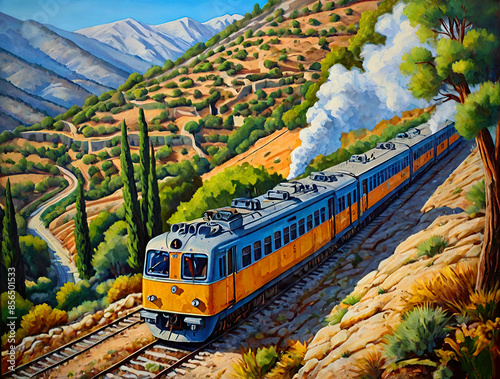 The cascade rail train from Kalavrita to Diakofto in Greece.Oil painting
 photo