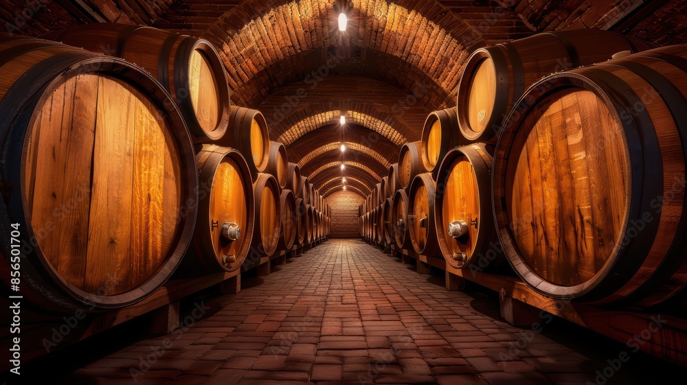 Rustic Wine Cellar with Large Wooden Barrels in a Brick Vaulted Room Illuminated by Warm Lighting Rustic Wine Cellar with Large Wooden Barrels in a Brick Vaulted Room Illuminated by Warm Lighting