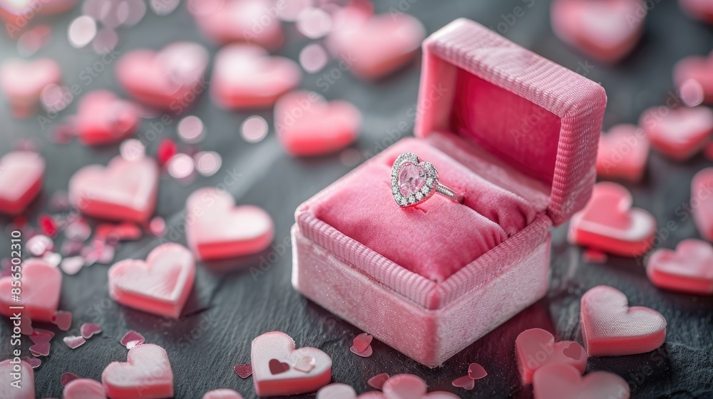 Valentine s Day Proposal with Pink Velvet Ring Box on Hearts Background Valentine s Day Proposal with Pink Velvet Ring Box on Hearts Background
