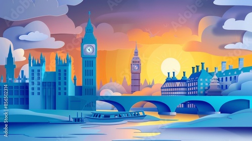 3D art paper wallpaper, London Bridge, Big Ben, London Eye, England landmark, beautiful colors.