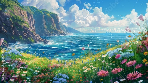 Cliffside view of the ocean with wildflowers, spring, vibrant digital illustration, scenic coast