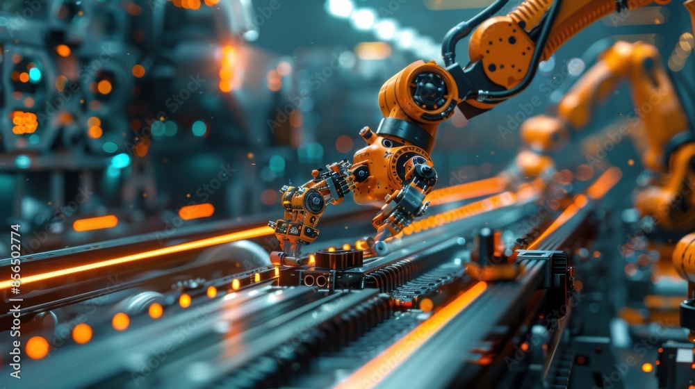 A robot is working on a machine in a factory A robot is working on a machine in a factory