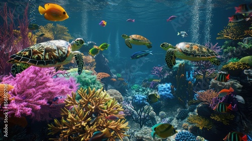 Underwater coral reef filled with marine life, fish, turtles, and vivid corals. photo