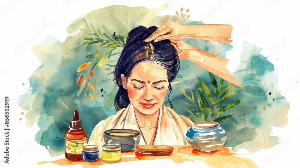 Ayurvedic head massage with natural oils, educational sketch, traditional wellness