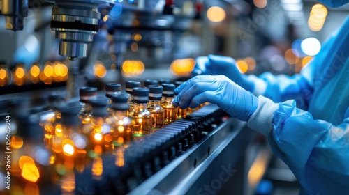 A worker in a lab is wearing a blue suit and gloves, and is working with bottles