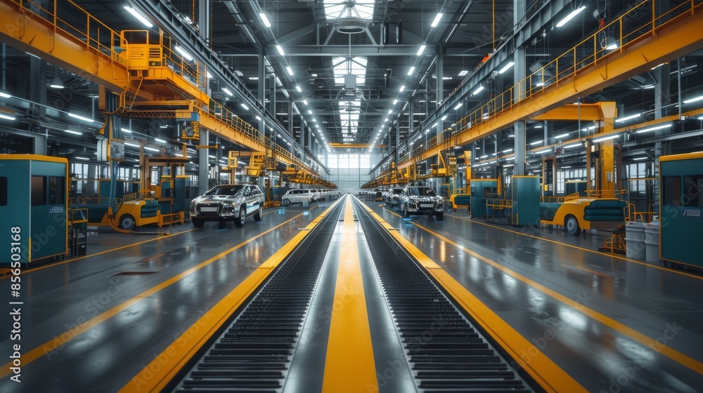 Future of Mobility: Panoramic View of New Energy Vehicles in a Large, Realistic Factory Setting, Showcasing Contemporary Industrial Progress Future of Mobility: Panoramic View of New Energy Vehicles in a Large, Realistic Factory Setting, Showcasing Contemporary Industrial Progress