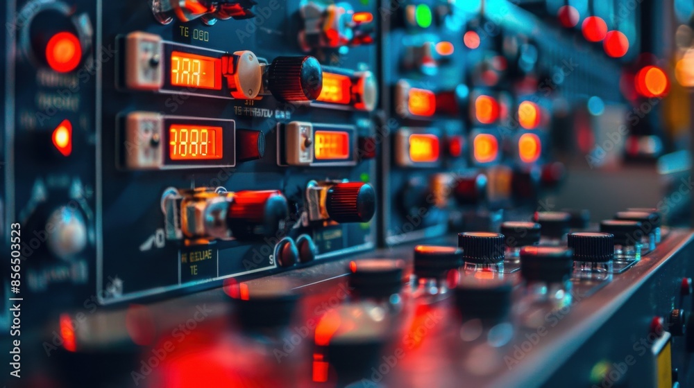 A row of electronic equipment with red numbers on them A row of electronic equipment with red numbers on them