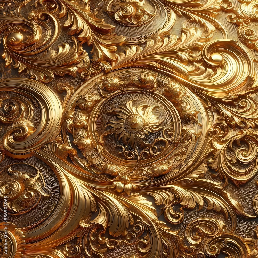 Gold or Golden Metallic Texture with Barroco Art and Embossed Gold or Golden Metallic Texture with Barroco Art and Embossed