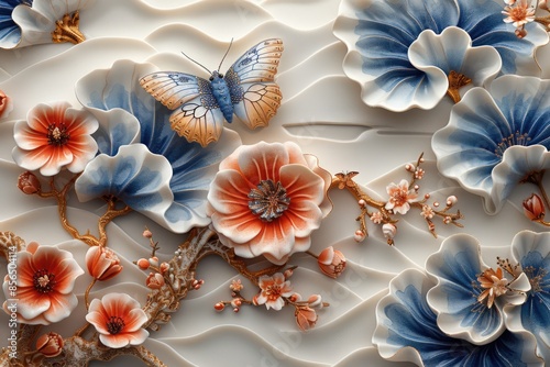 Exquisite craftsmanship: colorful butterfly and flower organic paper sculpture design, an illustration of dreamy romance, perfect for banner, capturing the beauty of nature in intricate detail.