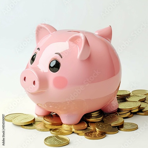 Illustrations of the world of business finance, cute baby piggy banks, dollar bills, coins photo