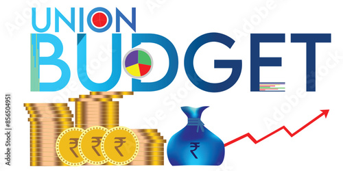 Indian Union Budget, India economy, finance icon, Indian rupee coin with Indian map vector illustration, typography	