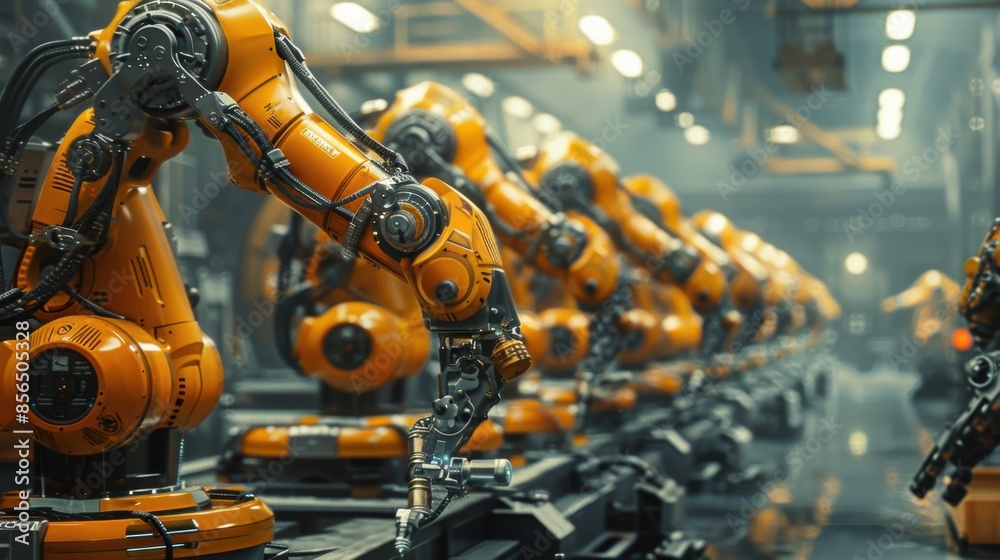 A factory with many robots in orange A factory with many robots in orange