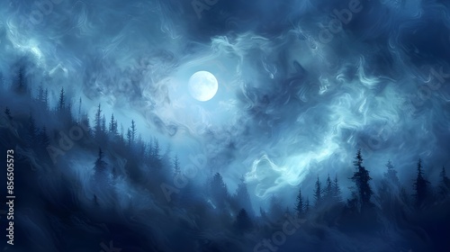 Layers of fog swirl through a moonlit forest, creating an abstract dreamscape of enchantment and wonder. © Photos Hub