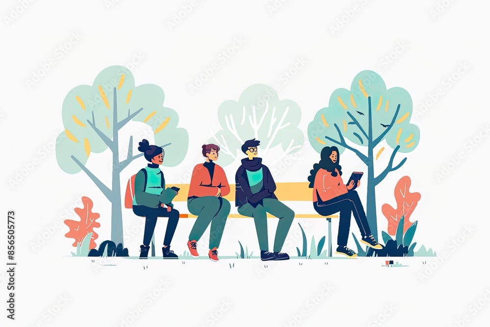 Fototapeta premium Friends Sitting on Bench in Park