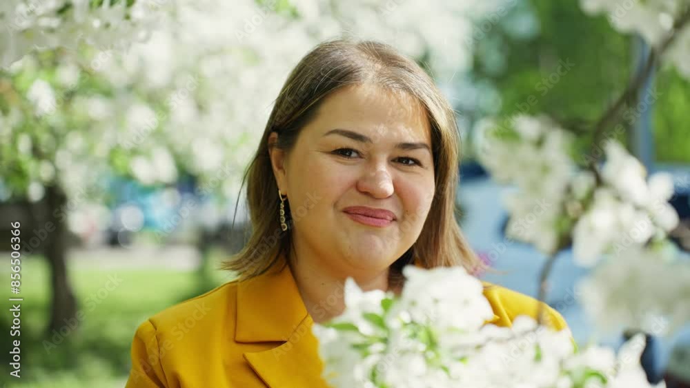 Business woman, portrait in blossoming apple trees Business woman, portrait in blossoming apple trees