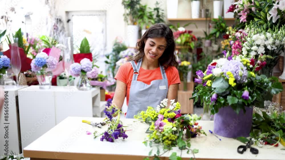Happy florist creating some flower arrangements Happy florist creating some flower arrangements