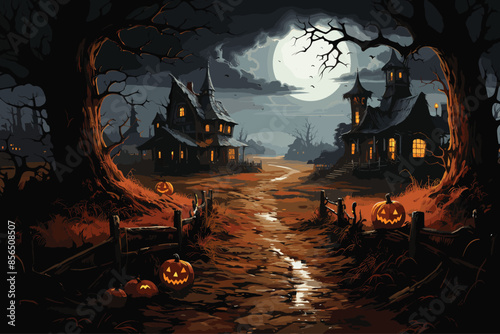 halloween background with haunted house, castle, cemetery, graveyard, scary, spooky, horror scene vector and illustration 