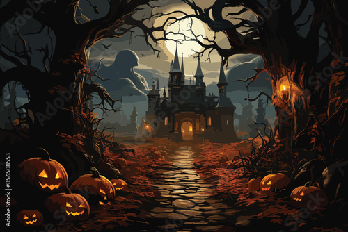 halloween background with haunted house, castle, cemetery, graveyard, scary, spooky, horror scene vector and illustration 