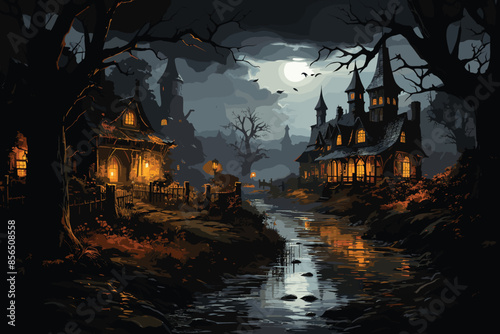 halloween background with haunted house, castle, cemetery, graveyard, scary, spooky, horror scene vector and illustration 
