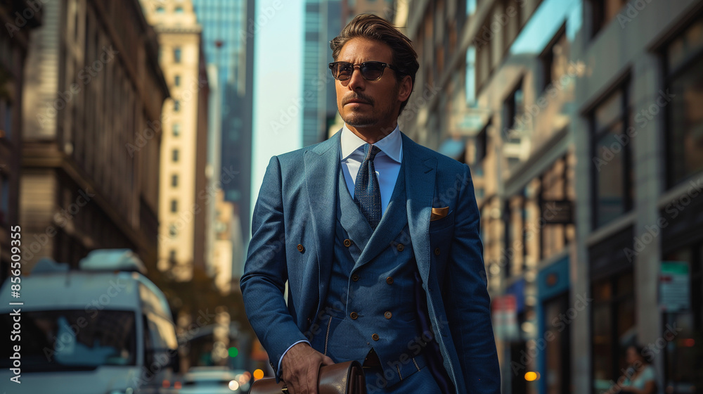 Urban Ascent: The Successful Male's Morning Commute in High-End Suit with Briefcase and Glasses, Exuding Confidence and Professional Ambition in the Business District