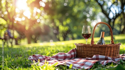 Fototapeta Naklejka Na Ścianę i Meble -  Picnic setting outdoors with wicker basket and wine on checkered cloth on grassy park sans people