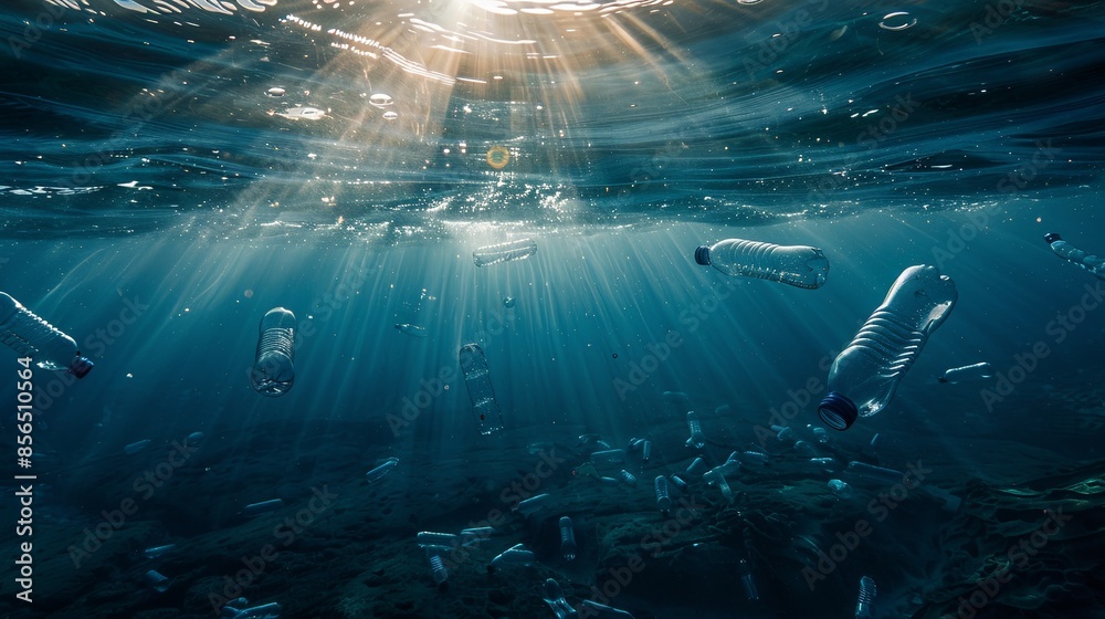 Fototapeta premium Plastic bottles floating in the ocean, the problem of plastic waste