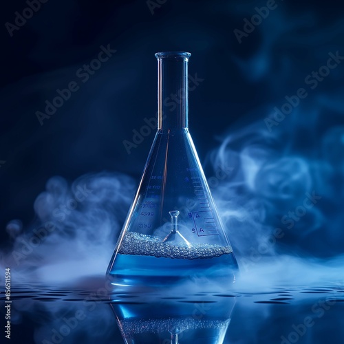 Blue science experiment with lab flask and glassware filled with a bright liquid