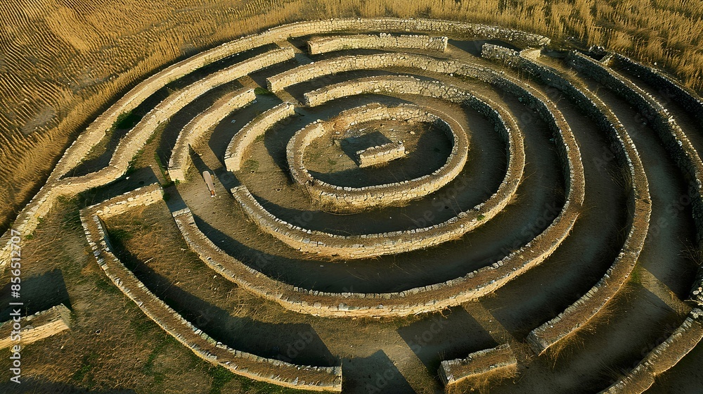 An overhead shot of a complex, stone-walled maze in a large field, with a single person navigating through the labyrinth, casting a long shadow. An overhead shot of a complex, stone-walled maze in a large field, with a single person navigating through the labyrinth, casting a long shadow.