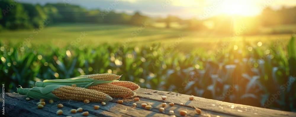 Freshly harvested corn on a wooden table with a beautiful sunset over a lush green field in the background. Freshly harvested corn on a wooden table with a beautiful sunset over a lush green field in the background.