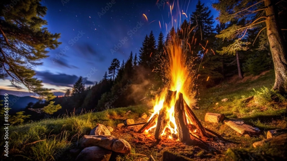 Fototapeta premium Burning campfire on a dark night in a forest. The bonfire burns in the forest. camp fire in the autumn during vacation in the mountains. Beautiful landscape of nature and trees. Sparks and flames