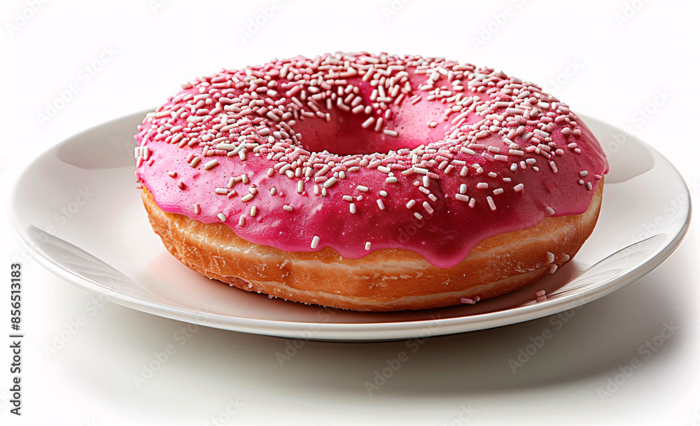 A pink donut on a plate isolated on a white background, perfect for a sweet treat or dessert A pink donut on a plate isolated on a white background, perfect for a sweet treat or dessert