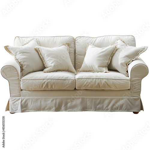 A white fabric sofa with three pillows, isolated on a white background.