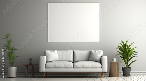  a white couch with pillows and a blanket in a minimalist room with a large white framed picture on the wall.  © Muzamil