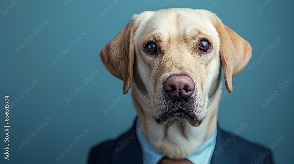 Unhappy Labrador Retriever Wearing Office Worker Uniform on Plain Background Unhappy Labrador Retriever Wearing Office Worker Uniform on Plain Background