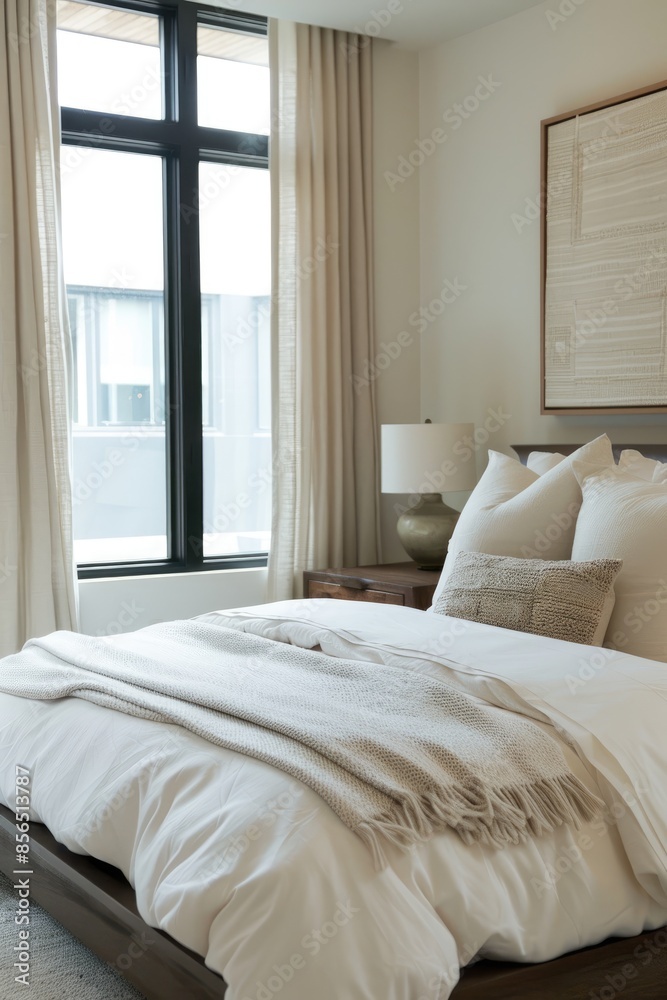 Calming and minimalist bedroom with a platform bed featuring a plush white comforter and textured throw pillows Calming and minimalist bedroom with a platform bed featuring a plush white comforter and textured throw pillows