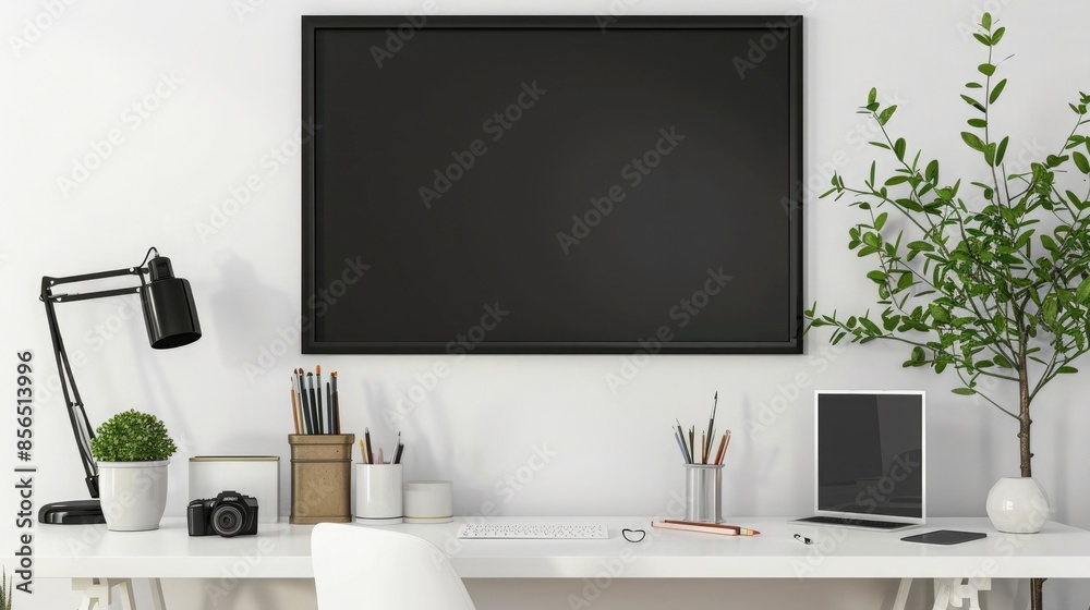 Modern workplace with blank blackboard, stationery and decorations on wooden table Modern workplace with blank blackboard, stationery and decorations on wooden table