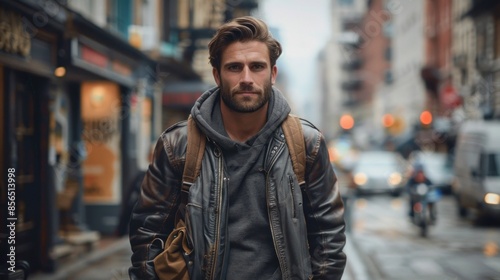 An urban explorer is photographed on a city street. He is dressed in a leather jacket, a casual hoodie, and dark jeans. His rugged hairstyle and well-groomed beard give him a cool and edgy